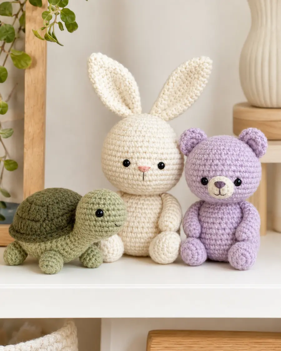 Crochet bunny, turtle, and bear amigurumi