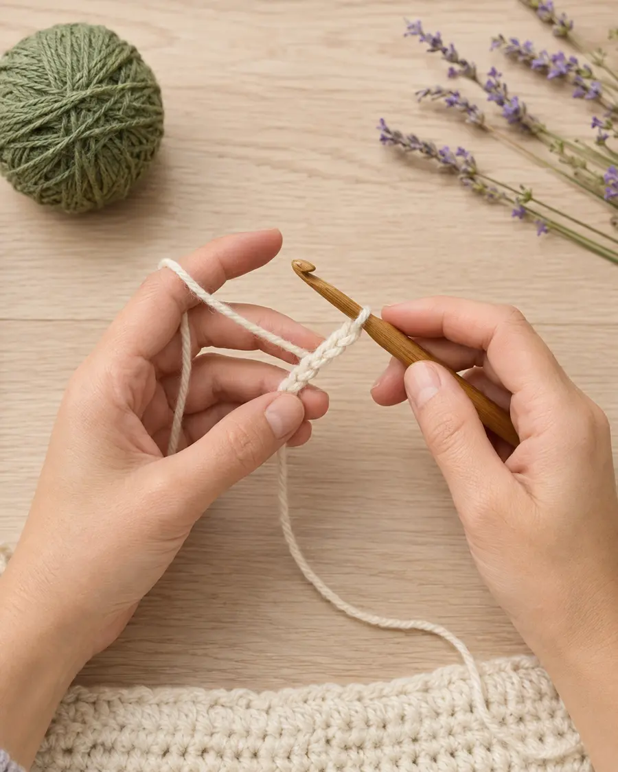Beginner learning to crochet a foundation chain