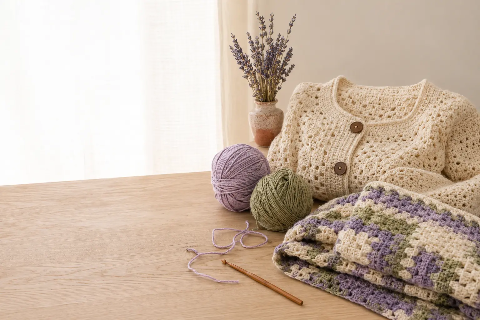 Cream crochet cardigan, lavender yarn, and handmade blanket in a sunlit studio