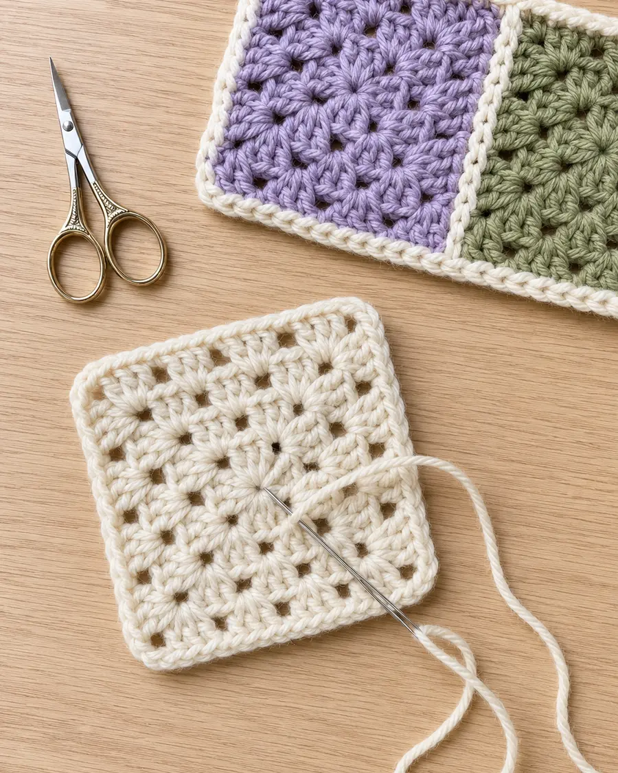 Crochet finishing with tapestry needle and joined squares