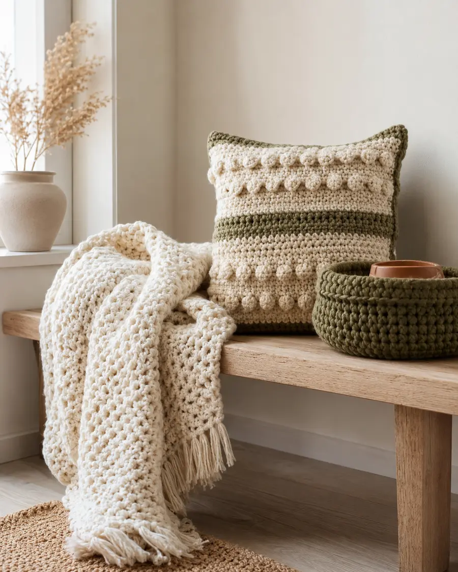 Cream crochet blanket, cushion, and basket