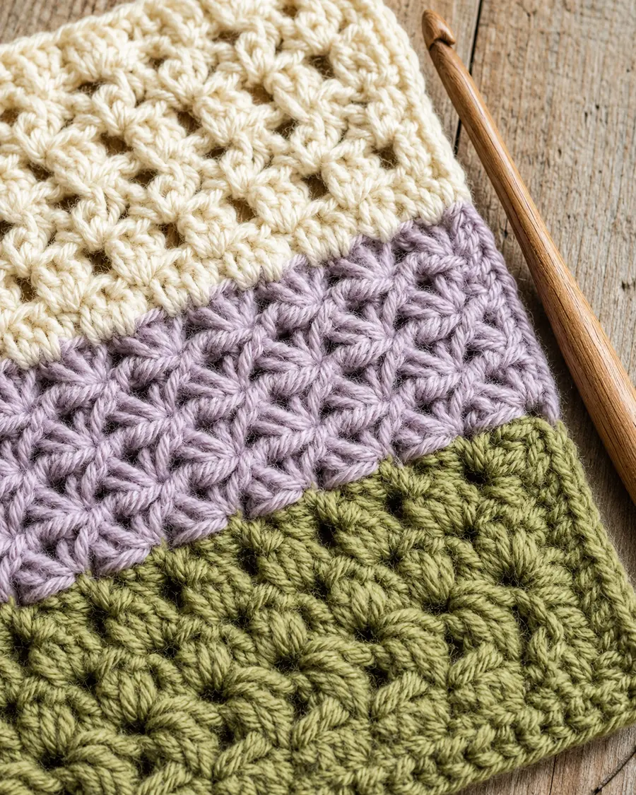 Cream, lavender, and moss crochet stitch sampler