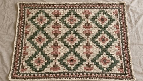 Mosaic crochet blanket with geometric diamond colorwork flat lay