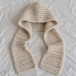 Crochet hooded scarf in cream and dusty pink