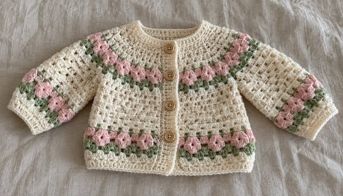 Handmade cream crochet baby sweater with pink and green floral yoke, laid flat