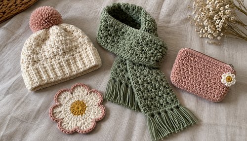 Crochet gift ideas collection with hat, scarf and pouch
