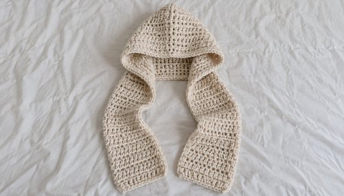 Crochet hooded scarf in cream and dusty pink