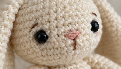 Amigurumi crochet bunny face close-up showing tight stitches