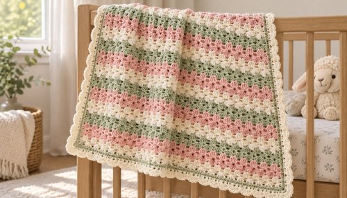 Crochet baby blanket draped over a crib with a teddy bear nearby