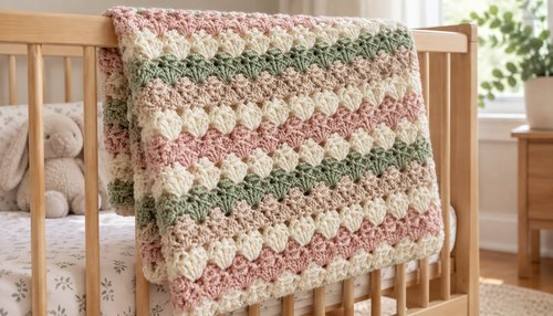 Crochet baby blanket draped over a crib rail showing its size