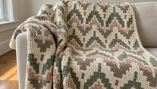 Finished mosaic crochet throw draped over a couch