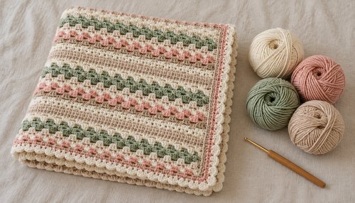 Folded crochet throw blanket with yarn and hook