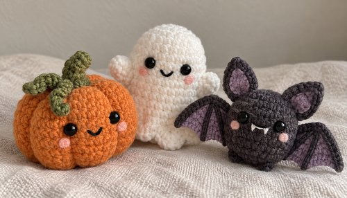 Crochet pumpkin ghost and bat group for Halloween decor