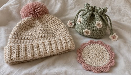 Crochet gifts for her: scarf, washcloths and small accessories in soft colors