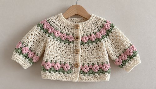 Cream crochet baby sweater hanging on a wooden hanger