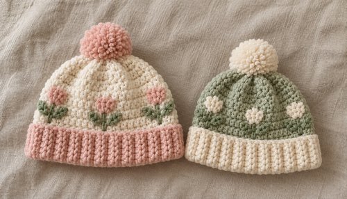 Two crochet baby hats with pom-poms in pastel pink and green — crochet baby hats free pattern