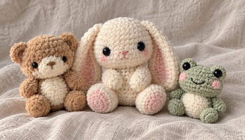 Teddy bear, bunny and frog crochet amigurumi trio