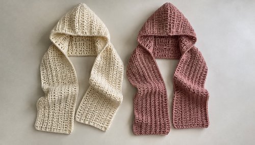 Two crochet hooded scarf colorways in cream and dusty pink