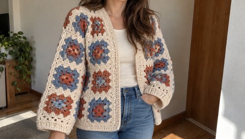 Woman wearing a colorful granny square crochet jacket