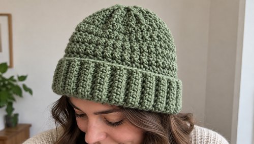 Two crochet beanies in cream and rust showing ribbed texture