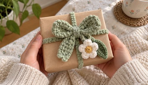 Handmade crochet gifts wrapped with ribbon and a handwritten tag