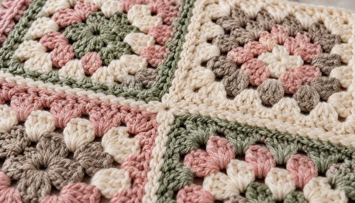 Close-up of granny square joins in pastel colors