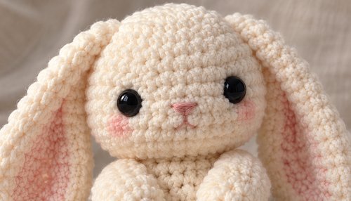Close-up of plush crochet amigurumi bunny face with cute details
