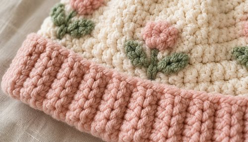 Close-up of a crochet baby hat with pink floral embroidery and textured ribbed brim