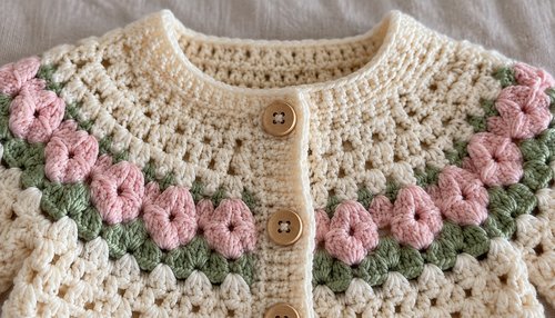 Close-up of the crochet baby sweater's floral granny-square yoke with wooden buttons
