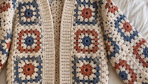Close-up of granny square jacket front bands and stitch detail