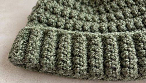 Close-up of crochet beanie crown showing smooth shaping