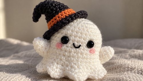 Adorable crochet ghost with a mini witch hat