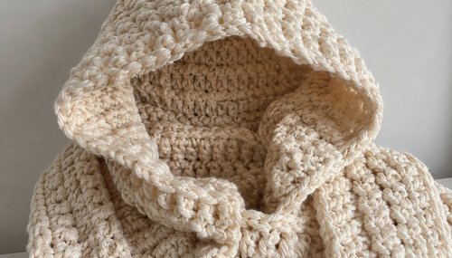 Close-up of crochet hooded scarf hood showing stitch detail