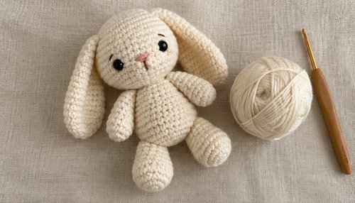 Amigurumi crochet bunny with yarn and hook flatlay