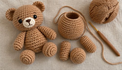 Crochet amigurumi patterns: teddy bear pieces with yarn and hook flatlay