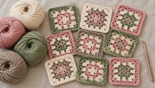 Granny squares in a planned color layout with yarn and crochet hook