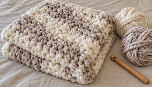 Super bulky yarn balls and large crochet hook with chunky blanket