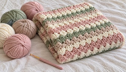 Folded shell stitch baby blanket with a crochet hook and soft yarn