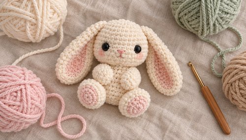Crochet amigurumi bunny with yarn balls and hook flatlay