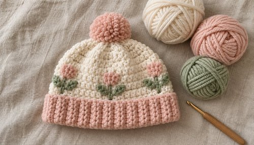 Newborn baby hat with matching yarn and crochet hook