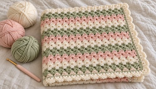 Flat lay of a folded pastel crochet baby blanket with yarn balls and a crochet hook