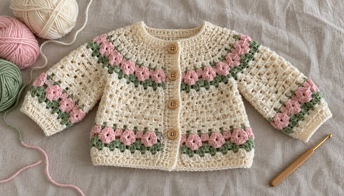 Crochet baby sweater flatlay with pink and green yarn and a crochet hook