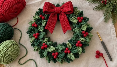 Crochet wreath flat lay with green and red yarn and crochet hook