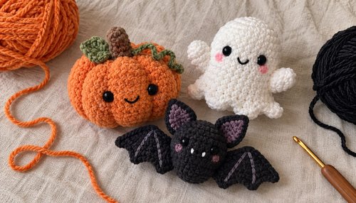 Crochet pumpkin with ghost and bat, Halloween crochet flat lay with yarn