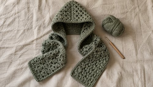 Crochet hooded scarf flat lay with green yarn and crochet hook