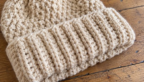 Close-up of a crochet beanie showing chunky stitch texture and a soft pom-pom