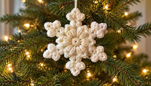 Chunky crochet snowflake ornament with puff stitch texture hanging on a Christmas tree