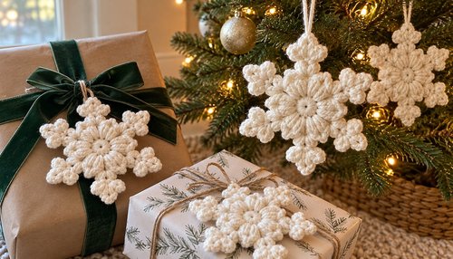 Chunky crochet snowflake ornaments used as gift toppers and tree decorations