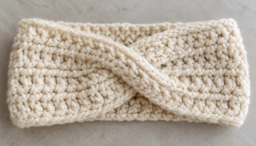 Close-up of the twisted front of a cream crochet ear warmer