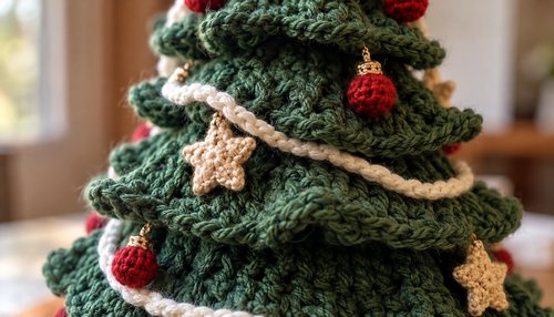 Close-up of crochet Christmas tree stitches with tiny ornaments